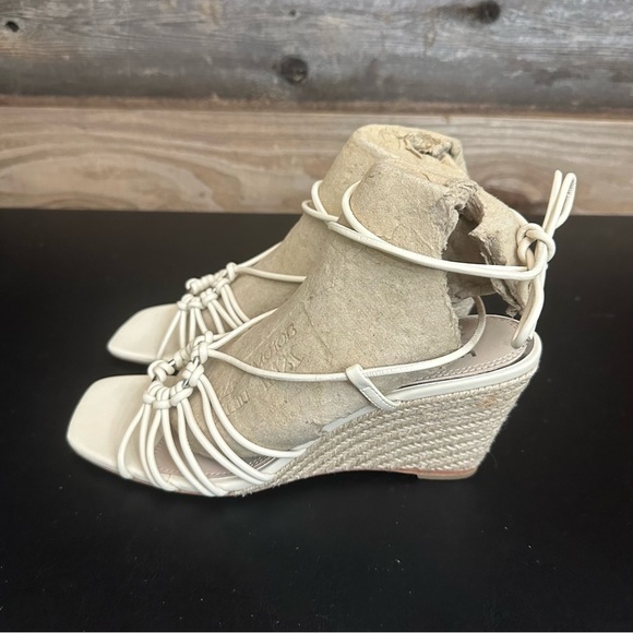PAIGE Espadrille Sandals Size 8 Beige Leather Slip On Ankle Tie Wedge Heels - Picture 2 of 10